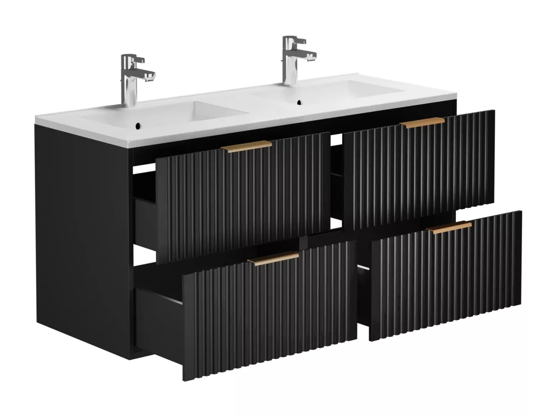 Meuble de salle de bain suspendu strié avec vasque à encastrer et colonne - Noir - 120 cm - ZEVARA