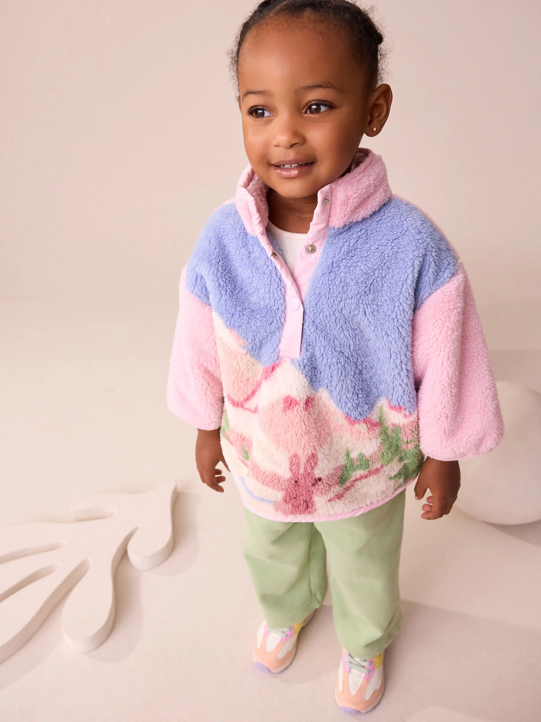 Roze/blauwe konijnenscène - Half Popper Fleece (3mnd -7jr)