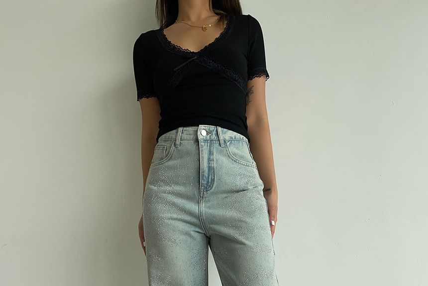 Colada - Hoge taille jeans met rechte pijpen en strass steentjes