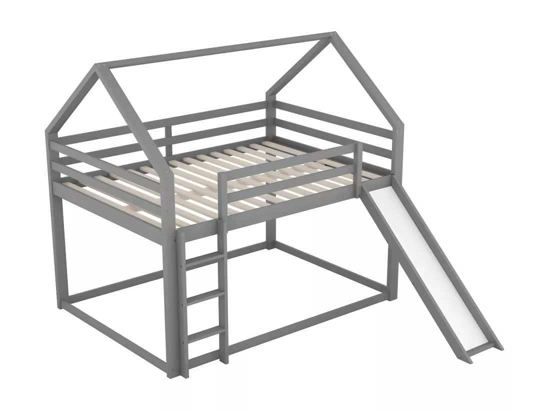 Lit superposé cabane avec toboggan et échelle - 140x200cm - cadre en pin massif - Gris
