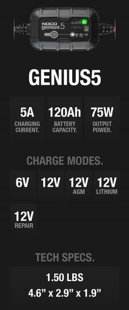 Chargeur Noco de batterie intelligent Genius5 6/12V 5A