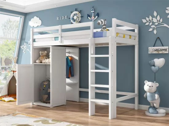 Lit mezzanine 90x200 cm en bois de pin - avec armoire et étagères - Blanc