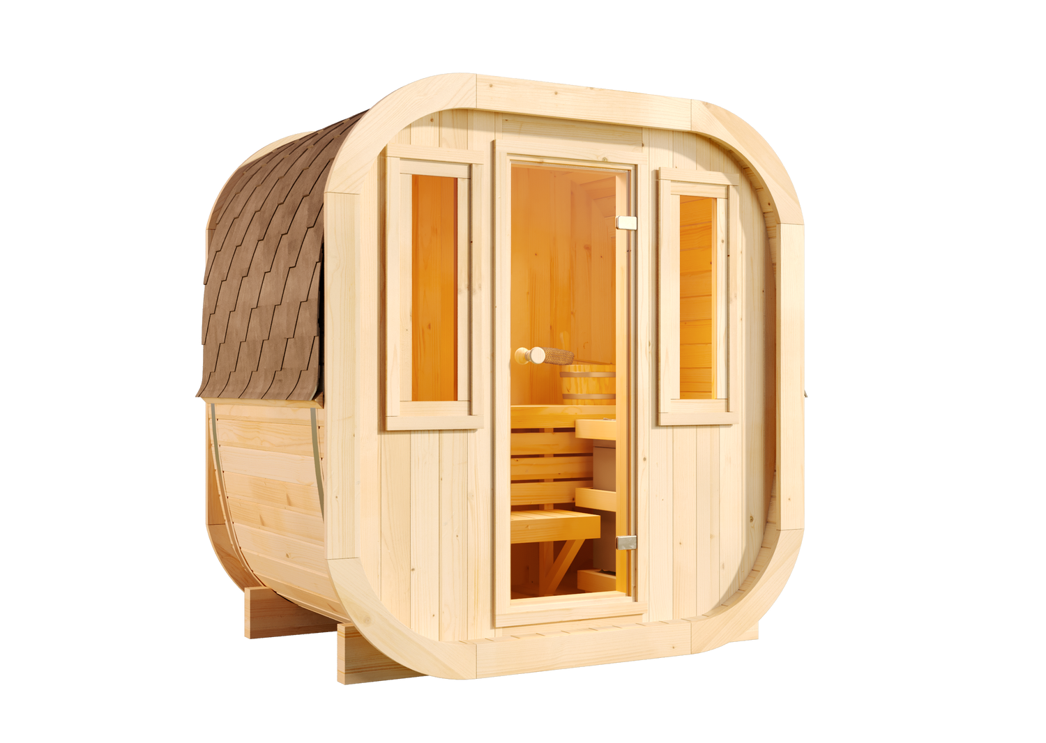 FinnTherm ScandiCube Mini XXS Barrelsauna met 1 houten bank, 42 mm wanddikte, buitensauna met bevestigingsmateriaal, 2 ramen, natuurlijke afwerking, 2,1 x 1,3 m