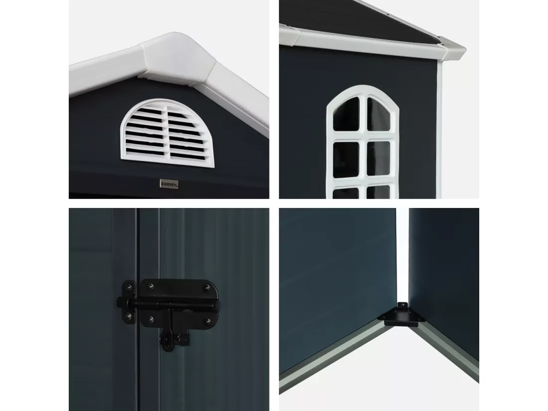 Abri de jardin plastique 1.39 m². anthracite. Structure aluminium et acier. 134 x 104 x 204cm