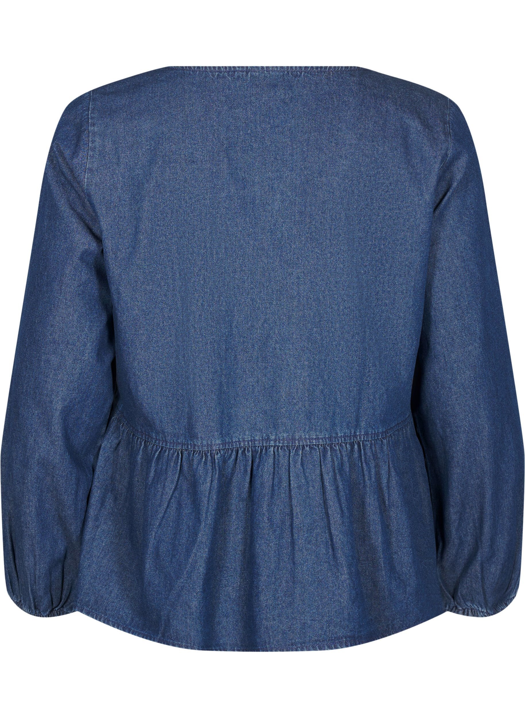 Peplum bluse i denim med bindelukning