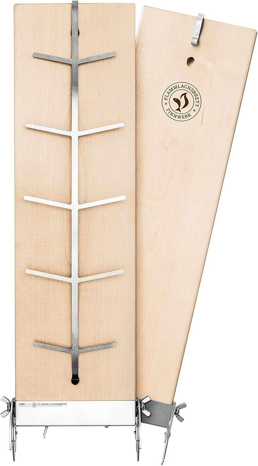 FINNWERK Flammlachsbrett Geschenkset - Lachsbretter mit Halterung aus Edelstahl und praktischem Winkelsystem - Räucherbrett aus massiver Birke - Perfektes Outdoor Geschenk mit Echtholz-Geschenkbox