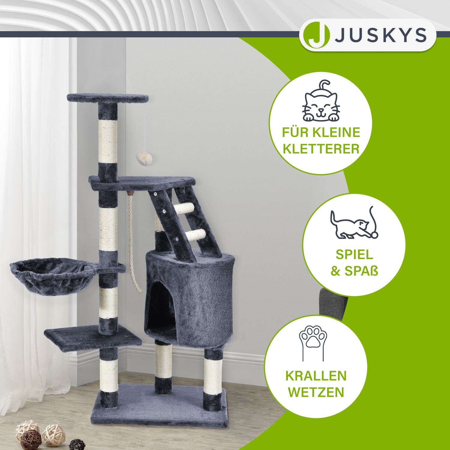 Juskys Kratzbaum Buffy grau – Katzenbaum mit Höhle, Liegemulde, Liegeflächen & Sisal-Stämme