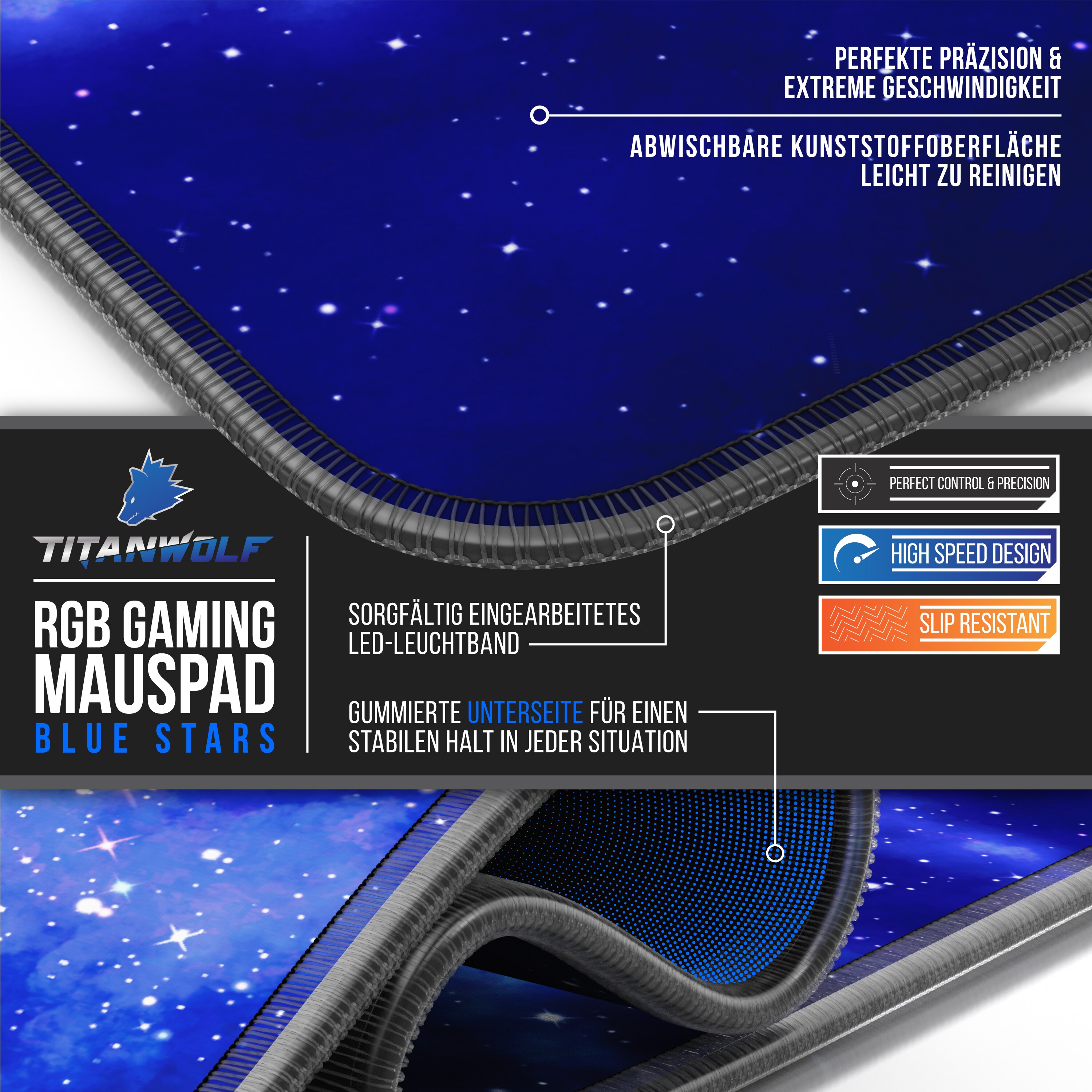 Titanwolf RGB Gaming Mauspad, Mousepad XL 800 x 300mm verbessert Präzision & Geschwindigkeit, Blaue Sterne