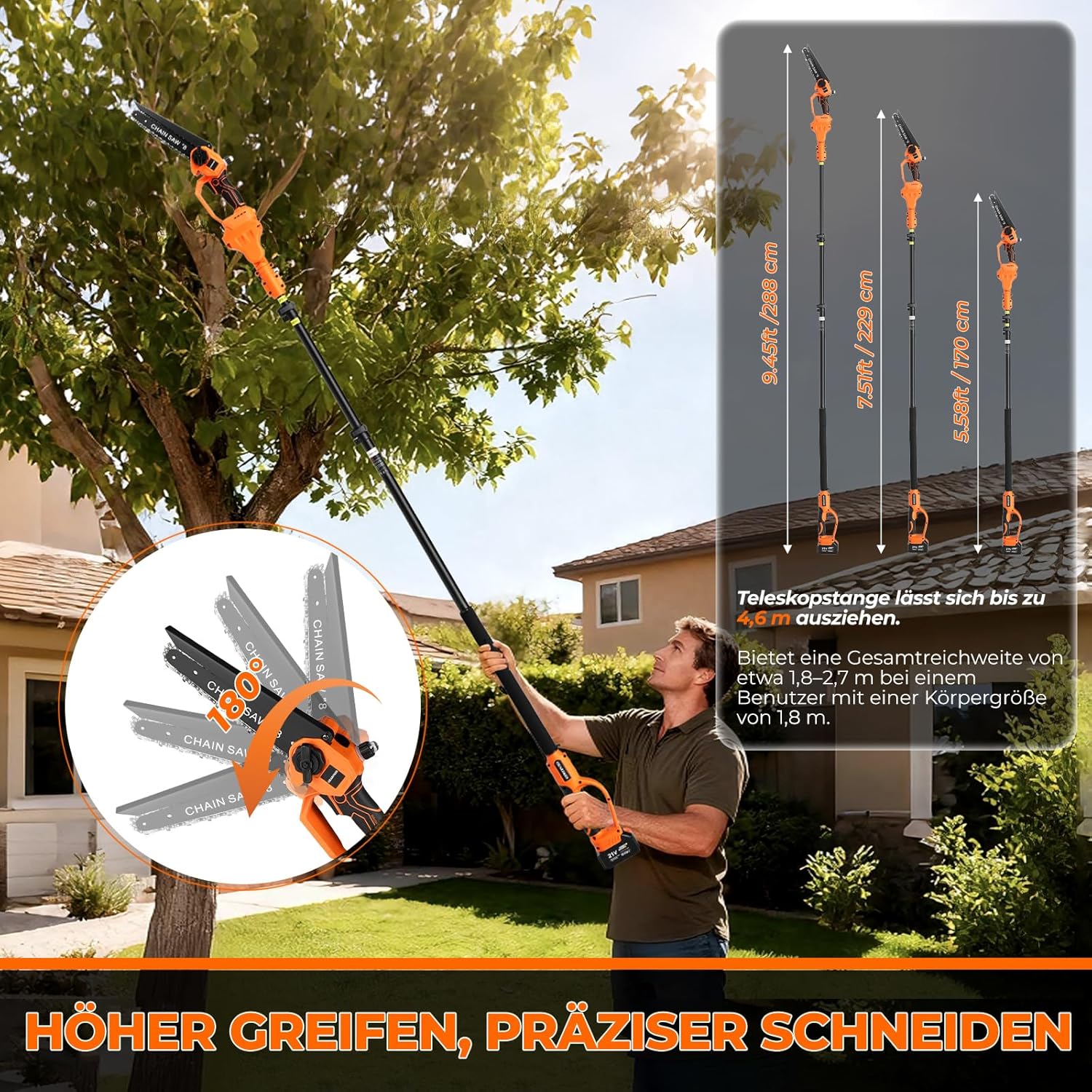 4-in-1 Akku-Hochentaster, 20cm Mini-Kettensäge & elektrische Gartenschere mit bürstenlosem Motor, automatischer Ölung 4,5 m Reichweite, 2 x 21V 3,0 Ah Akkus für Baumschnitt & Holzbearbeitung