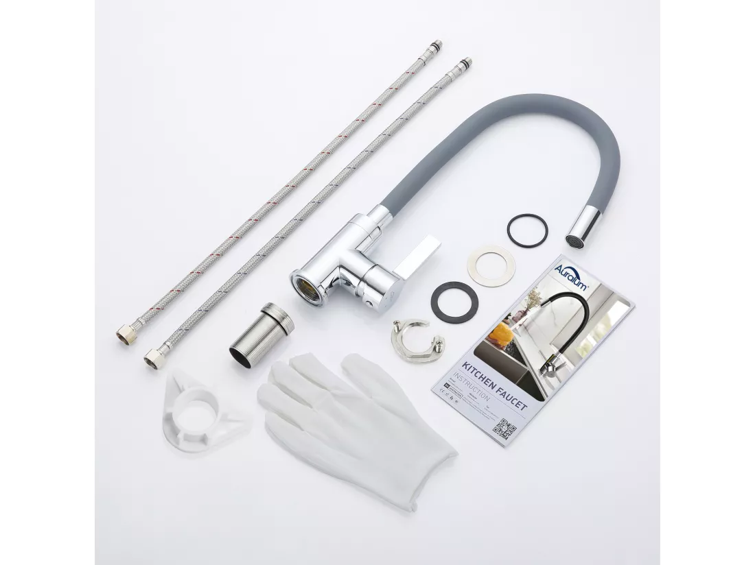 2pcs Auralum maxMitigeur de Cuisine Flexible,Robinet Cuisine Pivotant 360°,avec Tuyau en Silicone Flexible, Robinet Evier Eau à Chaude/Froide (Gris)