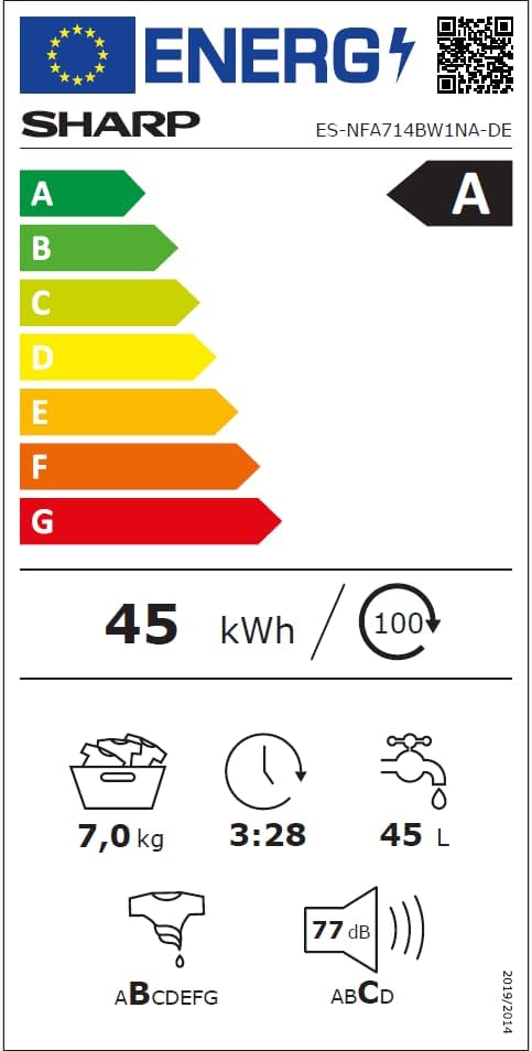 Sharp ES-NFA714BW1NA-DE Waschmaschine Frontlader/A / 7kg / 1400 U/min/Inverter Motor / 15 Programme inkl. 12 min Kurzprogramm/AquaStop/Weiß