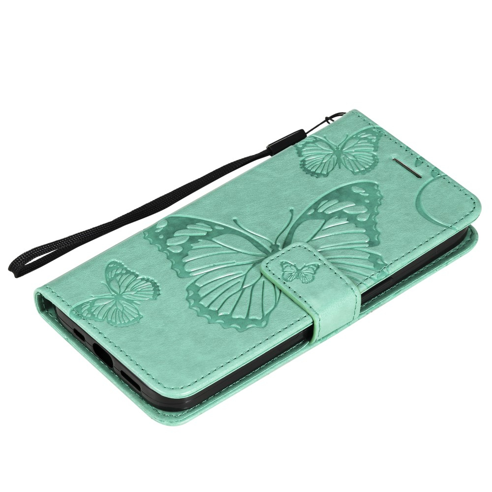 iPhone 13 Leder Tasche mit Kartenfach   Handschlaufe Schmetterling - Türkis