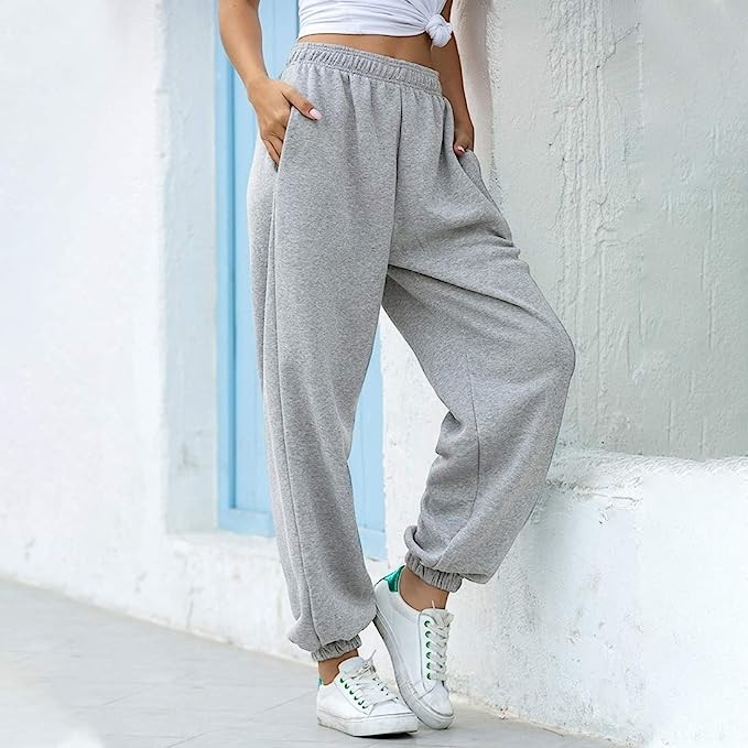(Gr. M) Elastische Oversized Sport Hose High Waist Jogginghose - Grau