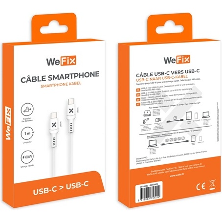 Câble téléphone portable Wefix Cable USB-C vers USB-C 60W 1m Blanc
