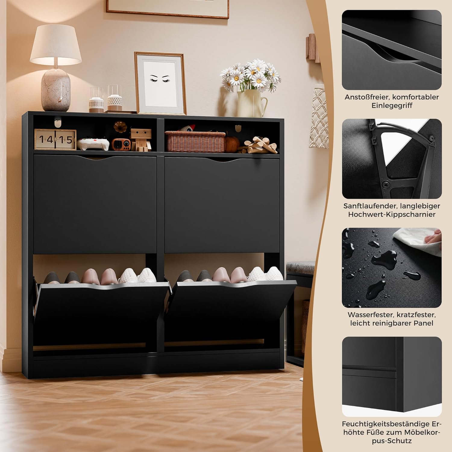 ELUCHANG Schuhschrank schmal mit 4 Klappen Platzsparender, Geschlossen Schuhregal Schuhkipper Schuhkommode mit 4 Ablagen, Shoe Cabinet Flurschrank für Diele/Flur/Garderobe, Schwarz