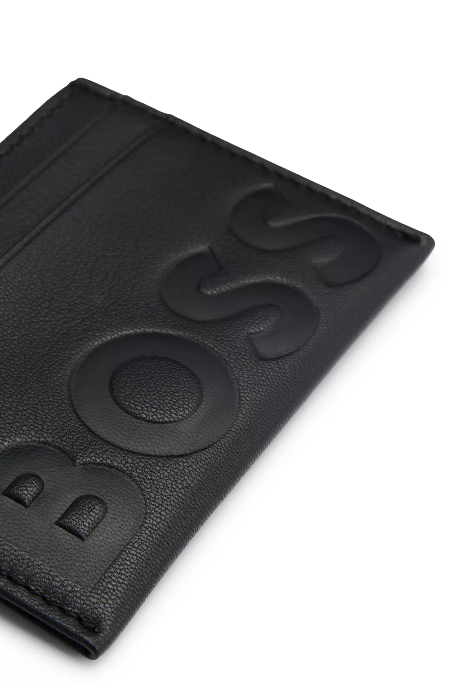 Porta-cartões BOSS em couro granulado preto com logotipo em relevo.