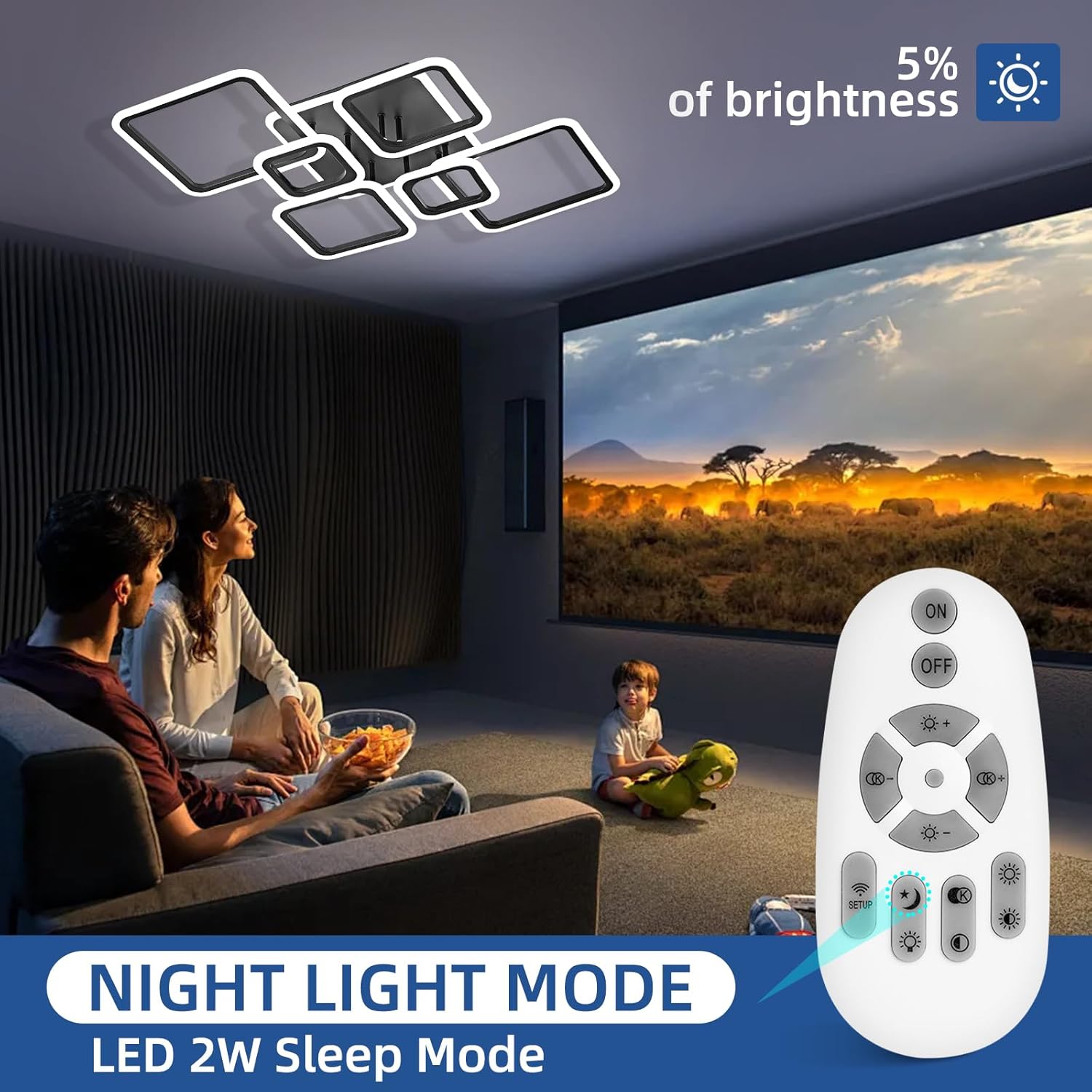 OKELI Moderne LED-Deckenleuchten, Dimmbar, Acryl-Deckenleuchte mit 6+1 quadratischen Ringen, Mit Fernbedienung, Große Schwarze Flush-Mount Deckenleuchte für Schlafzimmer, Wohnzimmer und Esszimmer, 48W