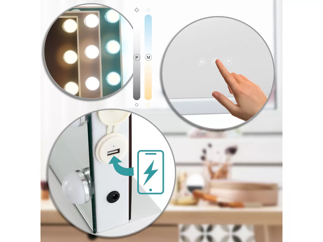 Miroir Led de Maquillage - Plastique & Noir - Blanc - Marlene