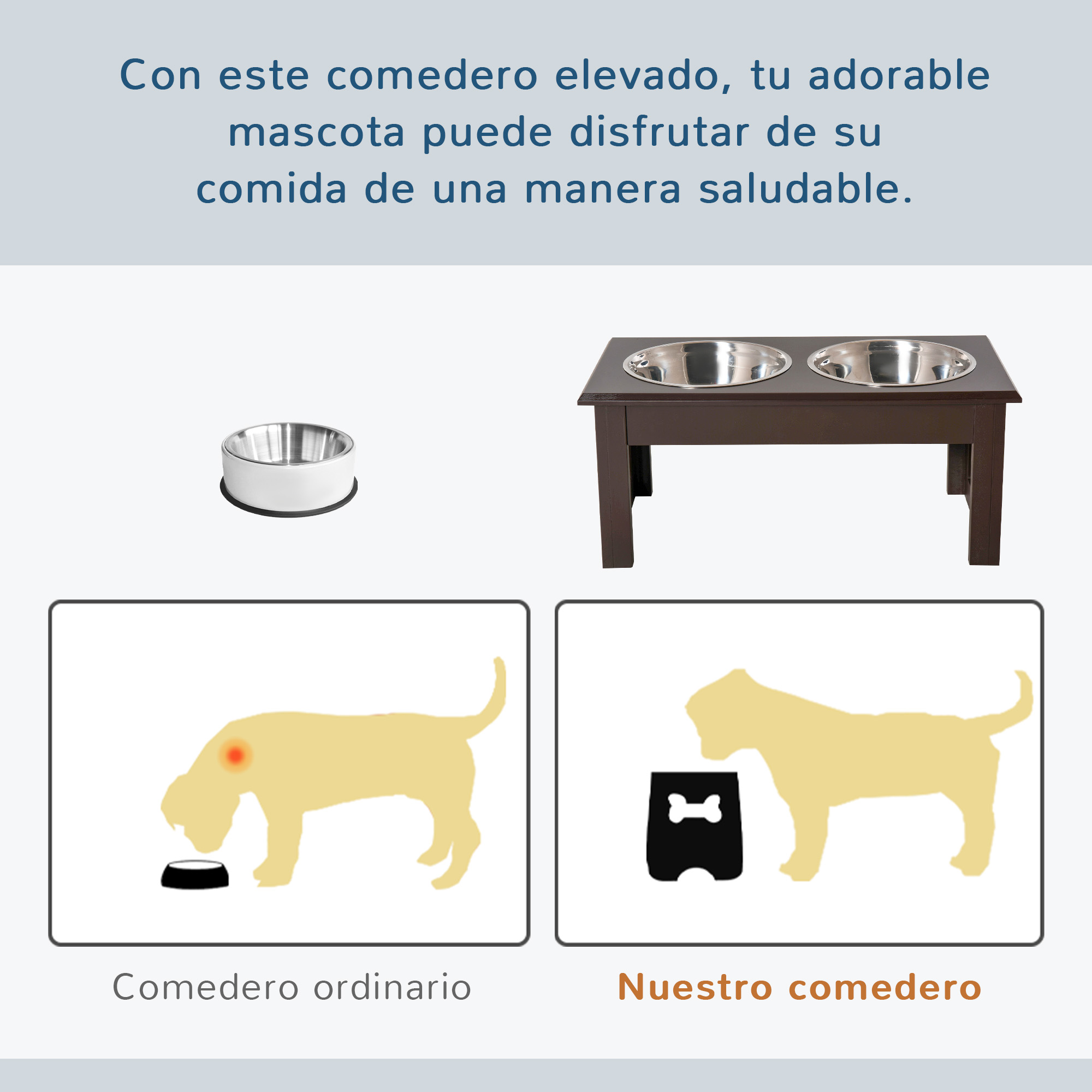 Comedouro elevado PawHut para cães com suporte e 2 tigelas removíveis de aço inoxidável, para ração e água, 44x24x15 cm, marrom