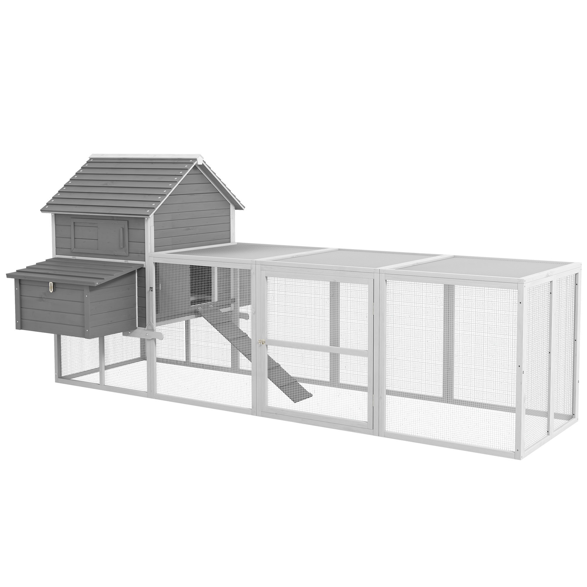 Galinheiro grande de madeira PawHut, 310,5 x 149,5 x 149 cm, para 4 a 6 galinhas, com 2 janelas, portas, ninho, bandeja removível e rampa para uso externo, cinza.
