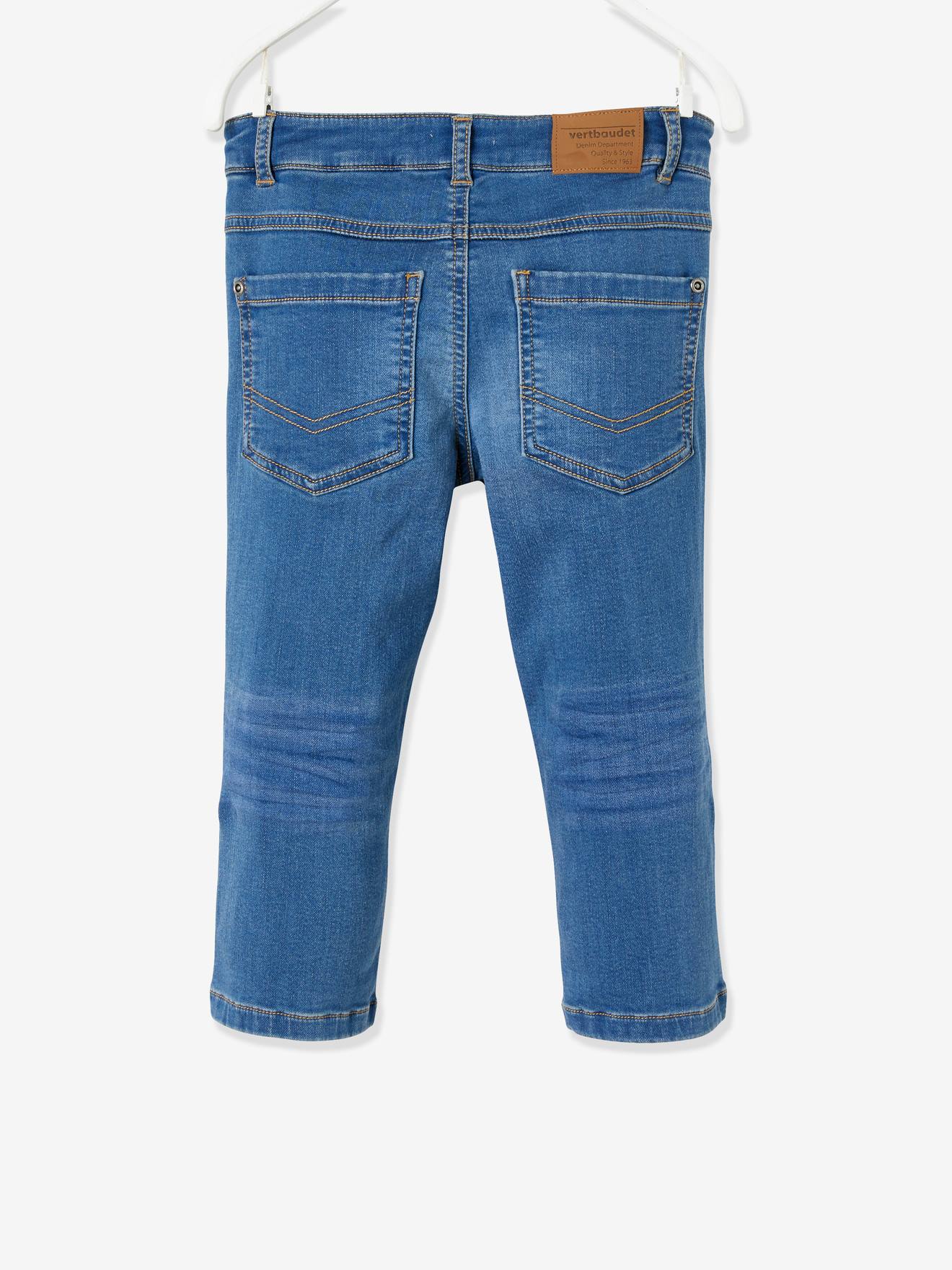 Calças curtas de moletom azul-escuro lavado para meninos, com efeito jeans, mangas que podem ser dobradas como bermudas.