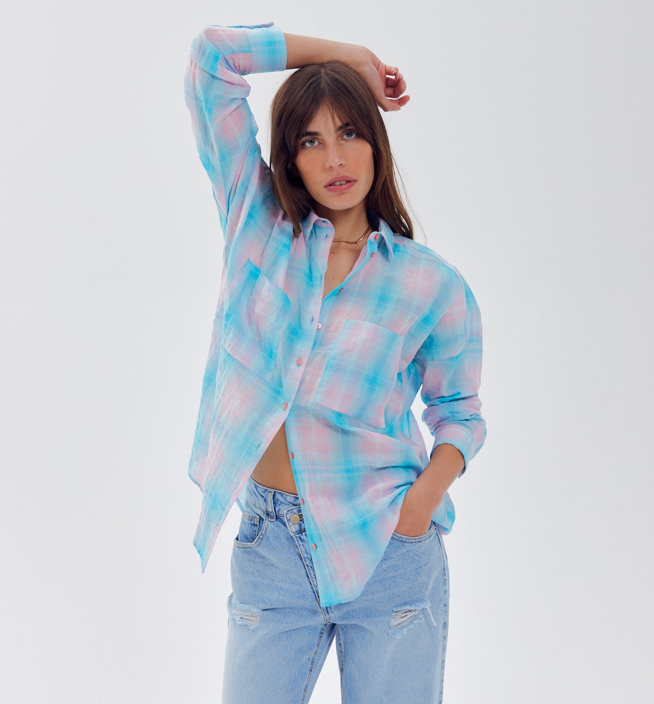 Maxi-chemise à carreaux Femme - Carreaux bleus