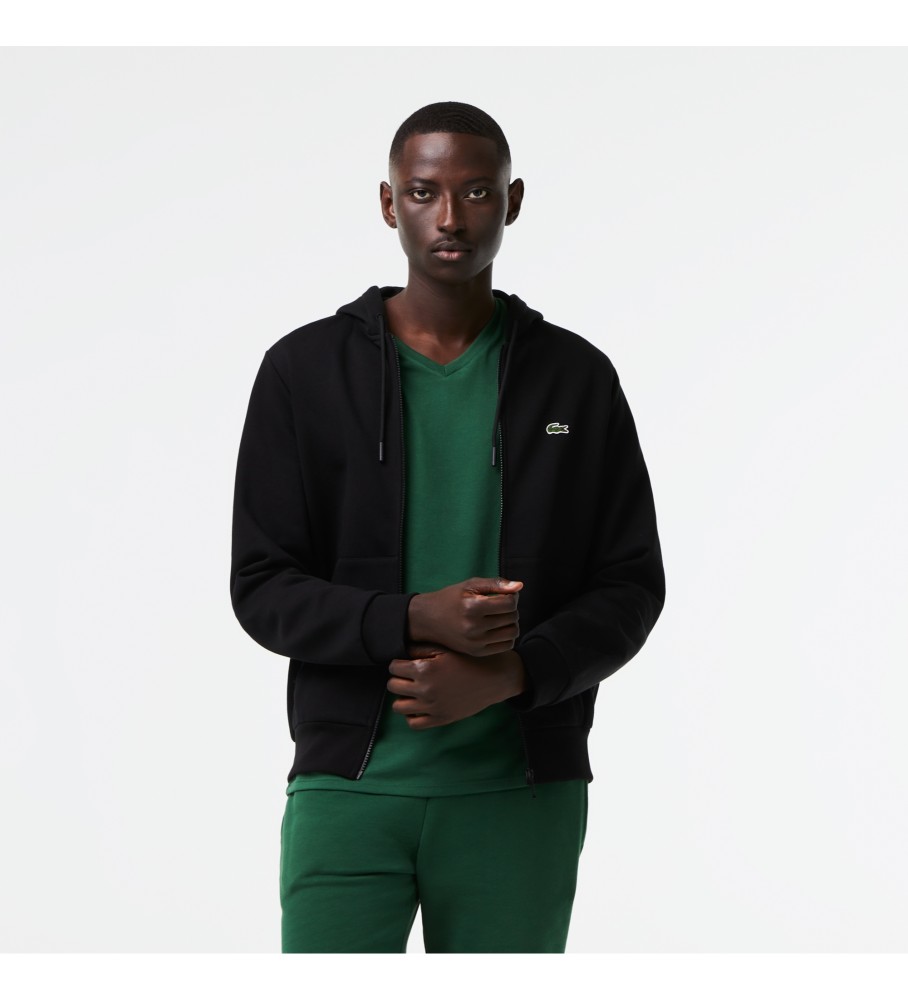 Moletom Lacoste preto com bolso canguru e forro de lã.