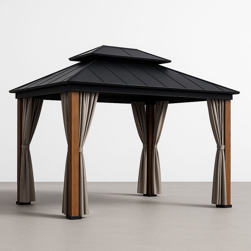 Pavillon Holzoptik Aluminium 3x4m Polyester Vorhänge Schwarz/Braun