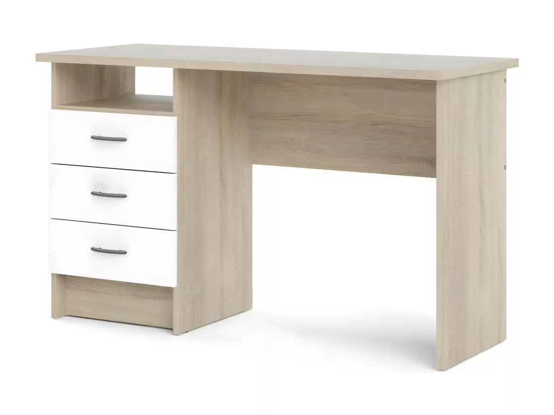 Bureau linéaire à trois tiroirs, couleur chêne blanc, Dimensions 120 x 72 x 48 cm