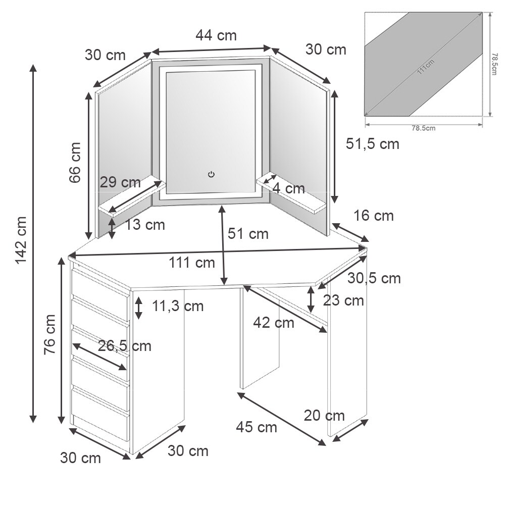 Vicco Eckschminktisch Frisiertisch Schminkkommode Arielle Weiß LED-Spiegel 111x142 cm modern Schlafzimmer Kommode Schublade Ablage Aufbewahrung Kosmetiktisch Schminkkonsole Make-Up-Tisch