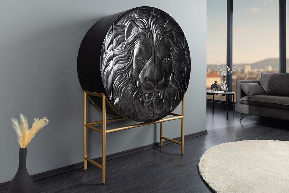 Massives Highboard LION 140cm schwarz gold Mangoholz 3D Schnitzereien Kunstwerk