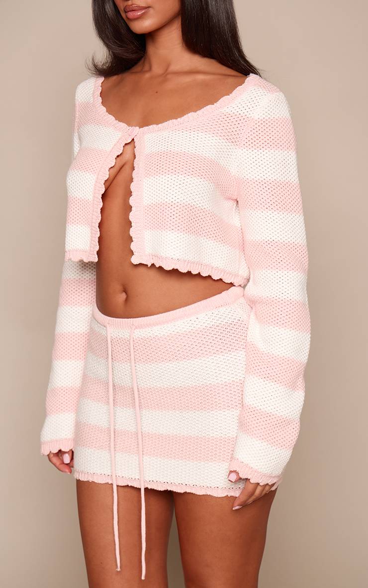 Rose Mini-jupe Tricotée Petite Taille À Rayures Avec Taille Cordon De Serrage