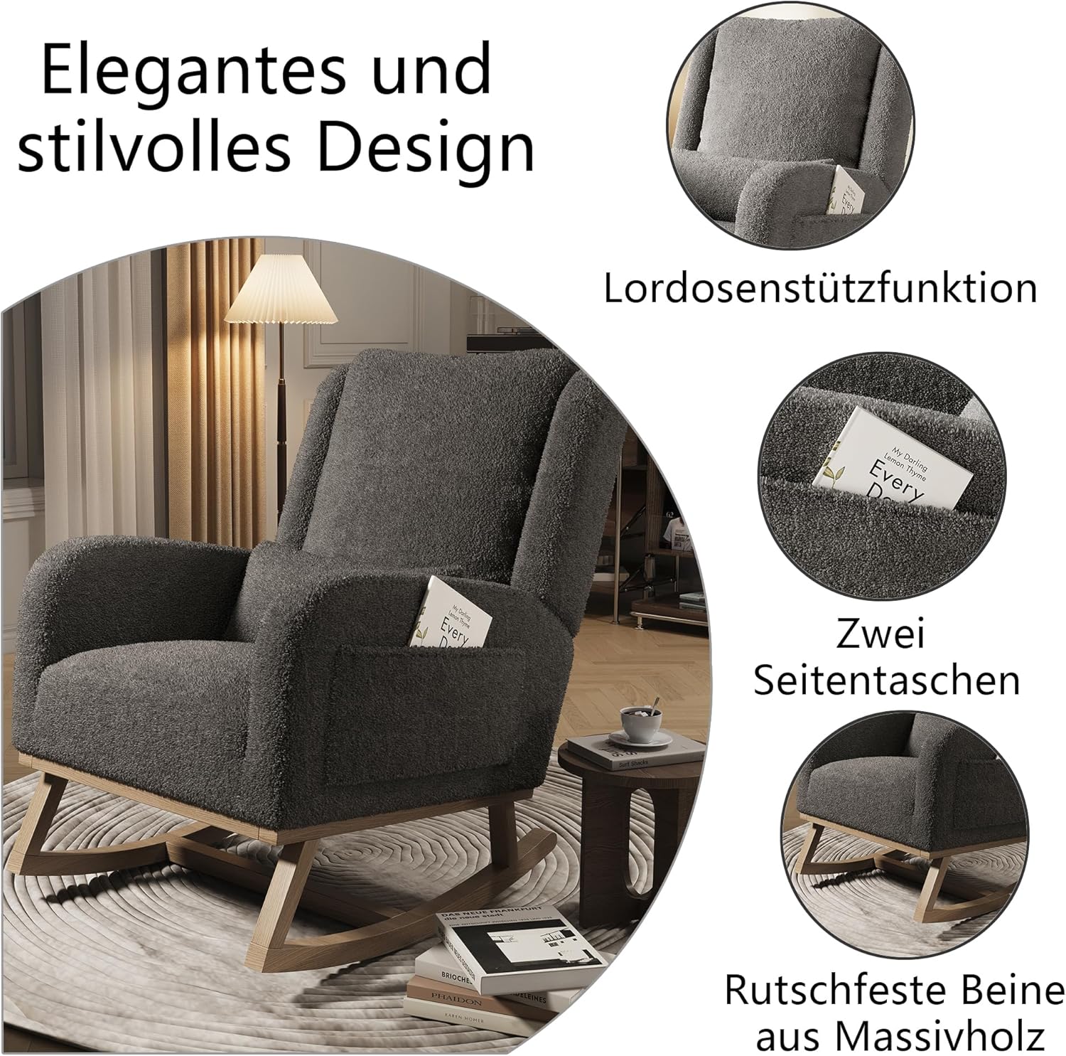 Schaukelstuhl,Stillsessel Schaukelsessel mit Lendenkissen,Teddy Velvet Gepolsterter Sessel mit Holzbeinen & Seitentaschen, Schwingsessel für Wohnzimmer Schlafzimmer Balkon (Grau-C)