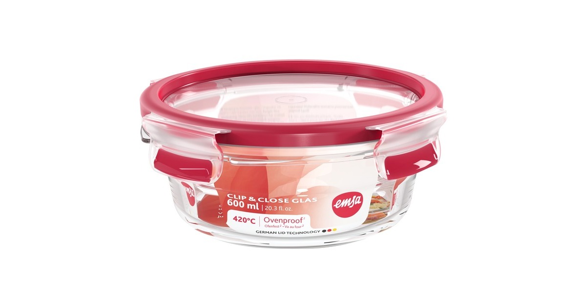 EmsaClip & Close Glazen vershoudbakje, 0,6 L doos  (Transparant/rood, rond)