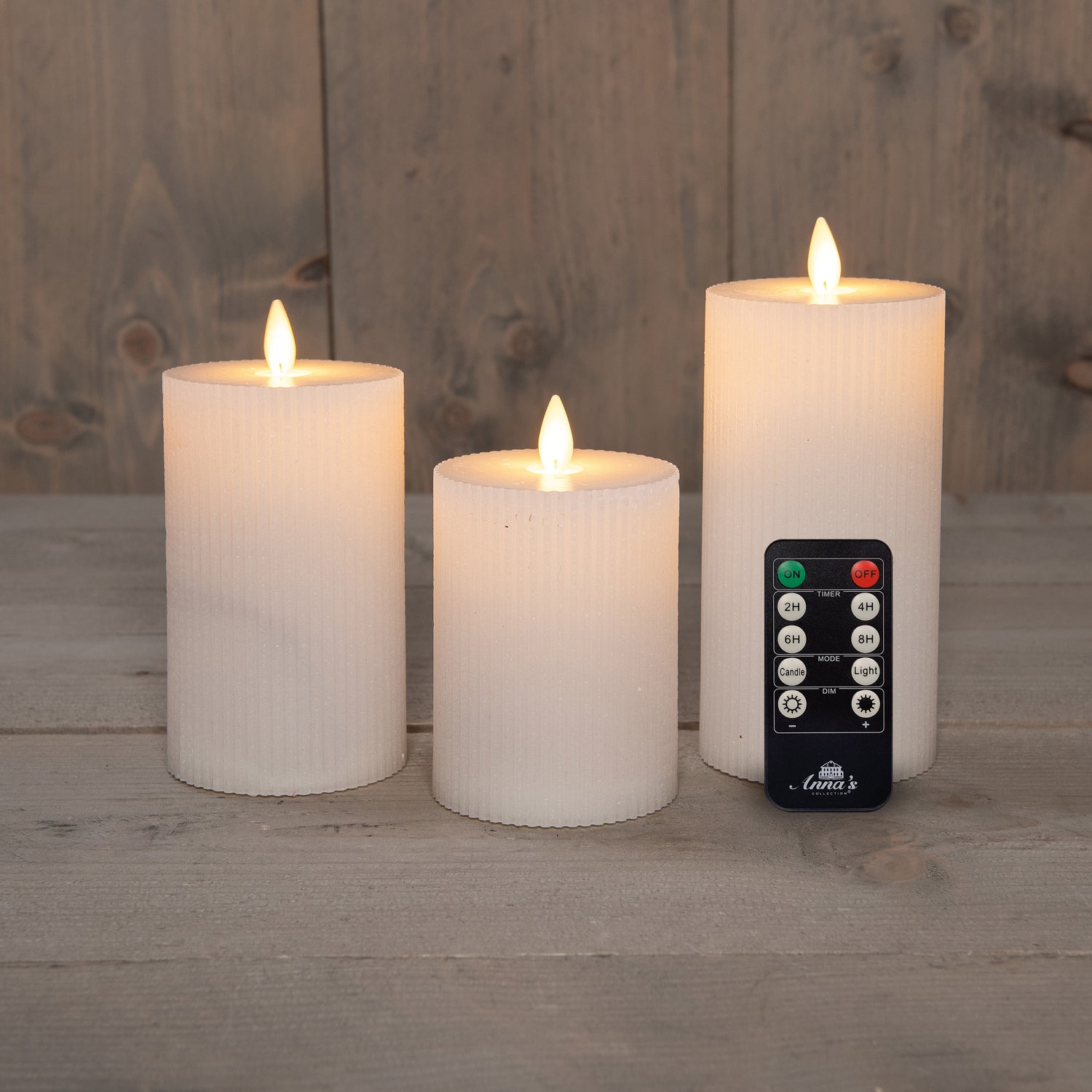 Anna's Collection LED stompkaars Rib met timer wit D 7,5 H 10 / 12,5 / 15 cm 3 stuks