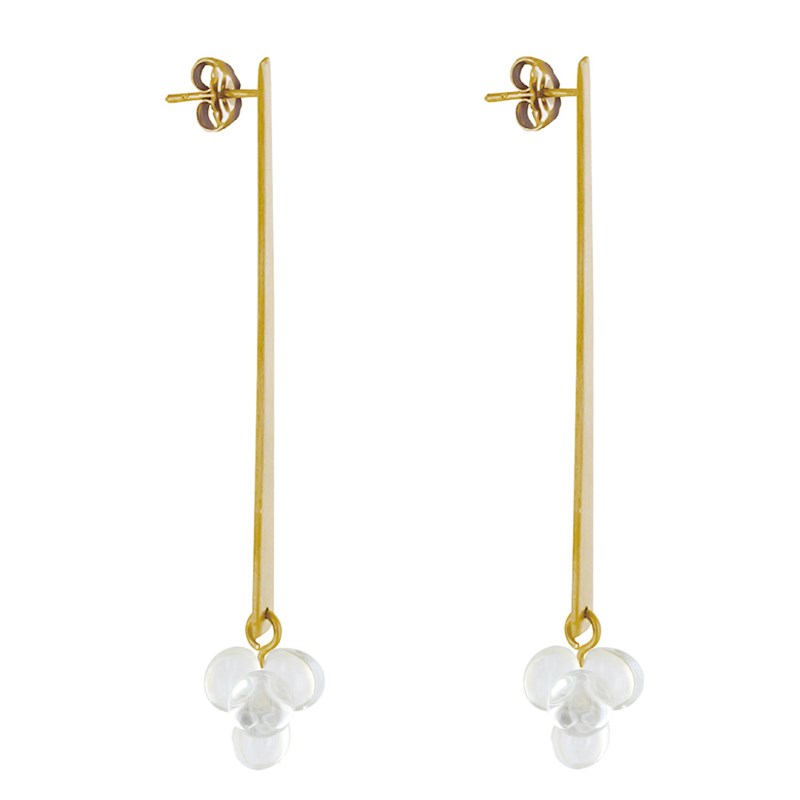 Boucles d'Oreilles Clous Laiton Rectangle Plat et Bouquet de Perles de Verre