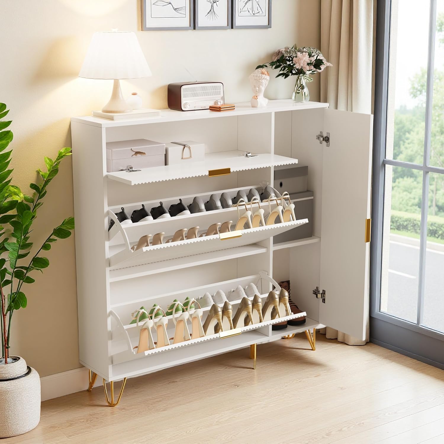 Schuhschrank mit 3 Klappen und Ablagefach, Schuhkipper Schmal mit Ablageflächen Verstellbar, Schuhkommode, für 10-20 Paar Schuhe, Schuhregal, für Eingang, Flur (Weiß, 110x24x114.5)