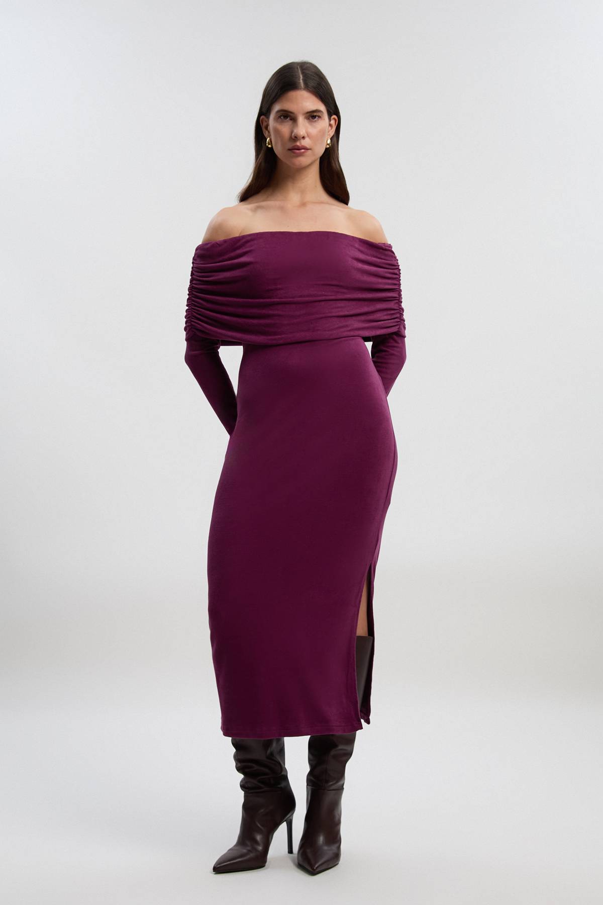 KarenMillen Robe Midi en Jersey Texturé Brossé à Épaules Dénudées