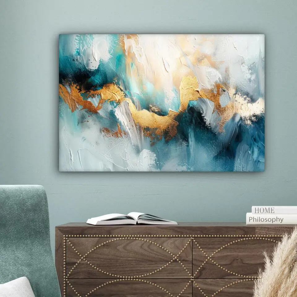 MuchoWow Canvas Schilderij 90x60cm Abstract Kunst Gold Blauw