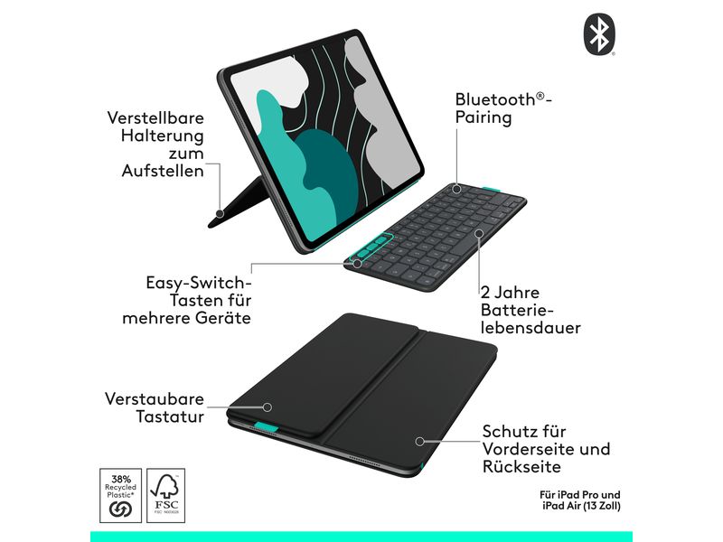 Logitech Tablet Tastatur Cover Flip Folio iPad Pro & Air13 Vielseitiges iPad Cover mit verstaubarer Tastatur