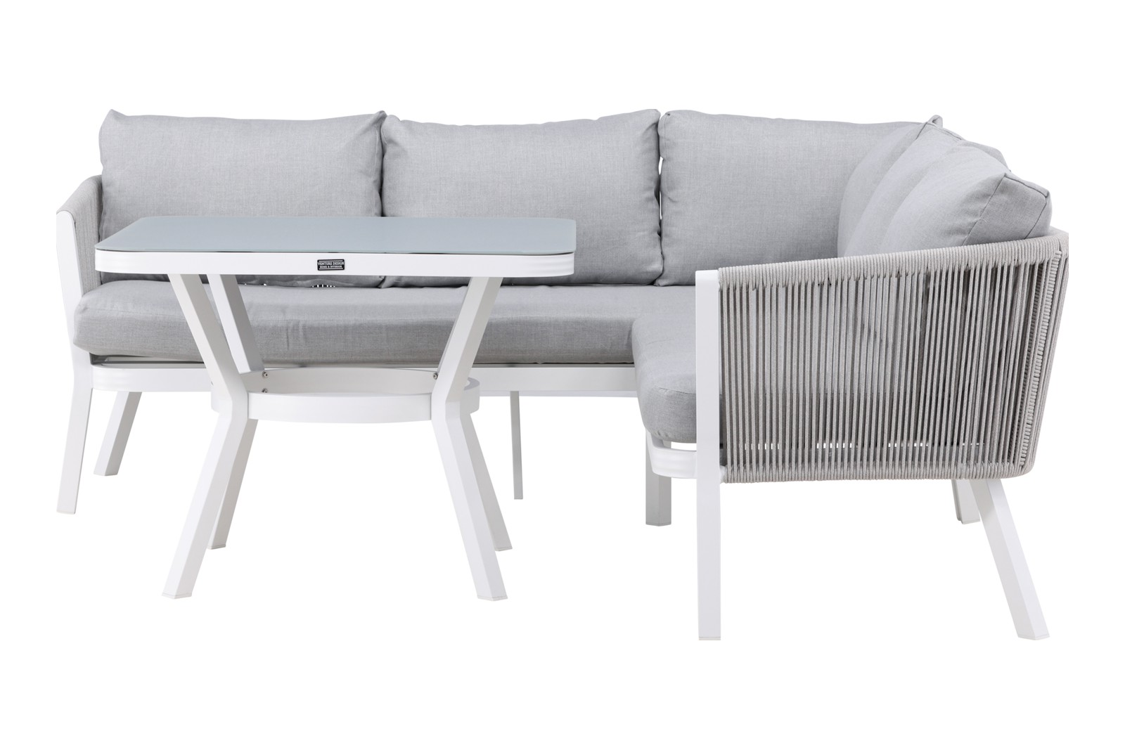 Virya utesofa Hagesofa med hvitlakkert ramme, lysgrå tau og puter. Bord er inkludert.