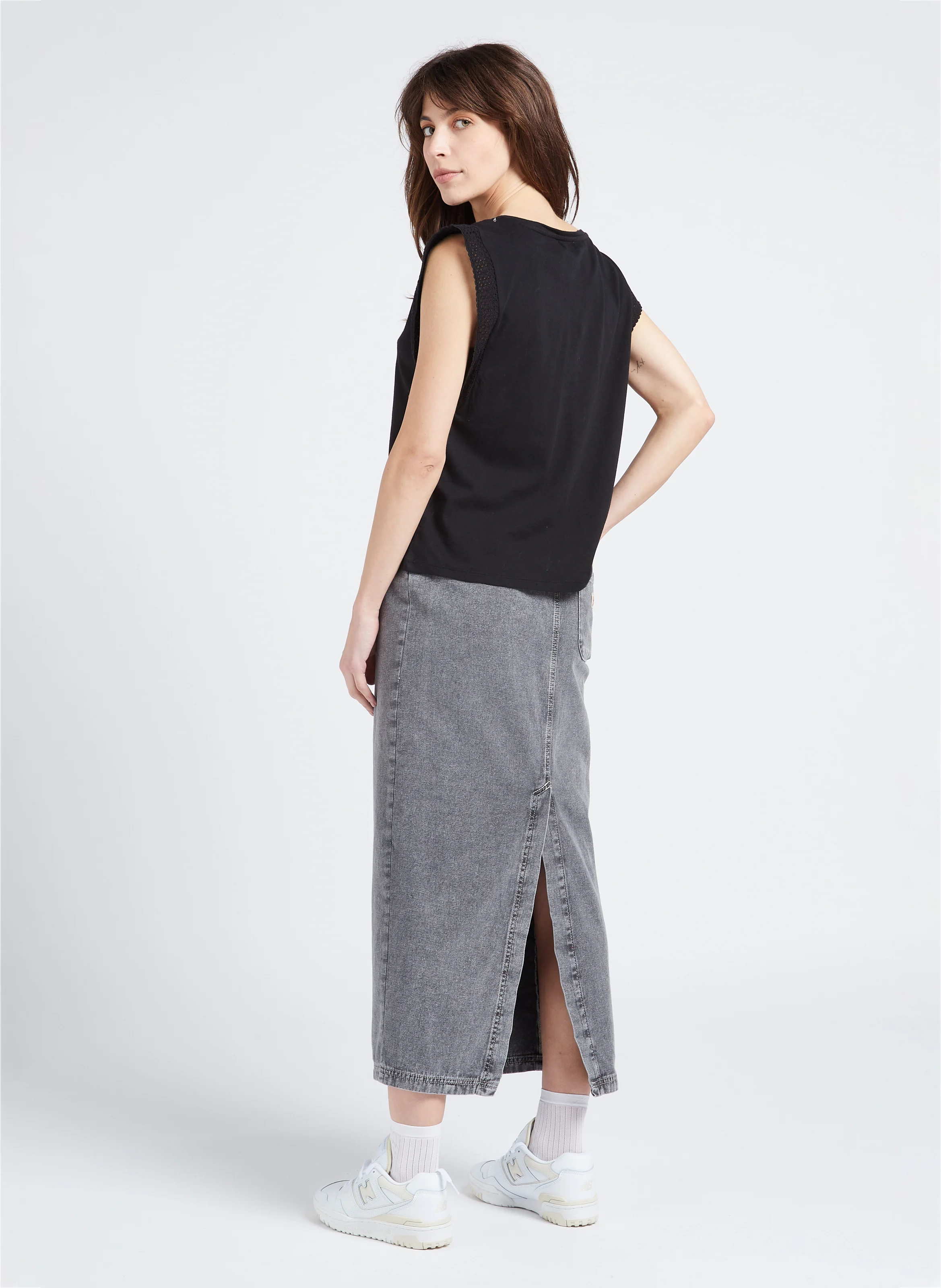 JAZY - Jupe midi droite en coton | Gris