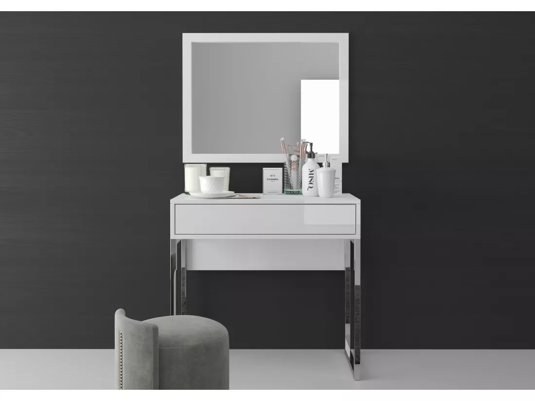 Coiffeuse EVA moderne blanche avec pieds en métal argenté / 80 cm