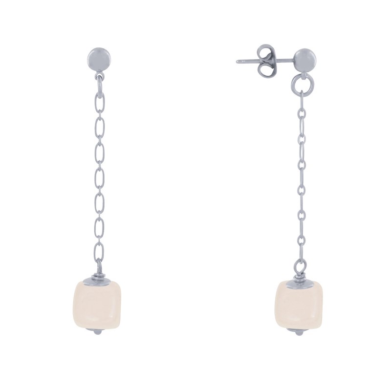 Boucles d'Oreilles Chainette Laiton Argenté et Cube en Céramique