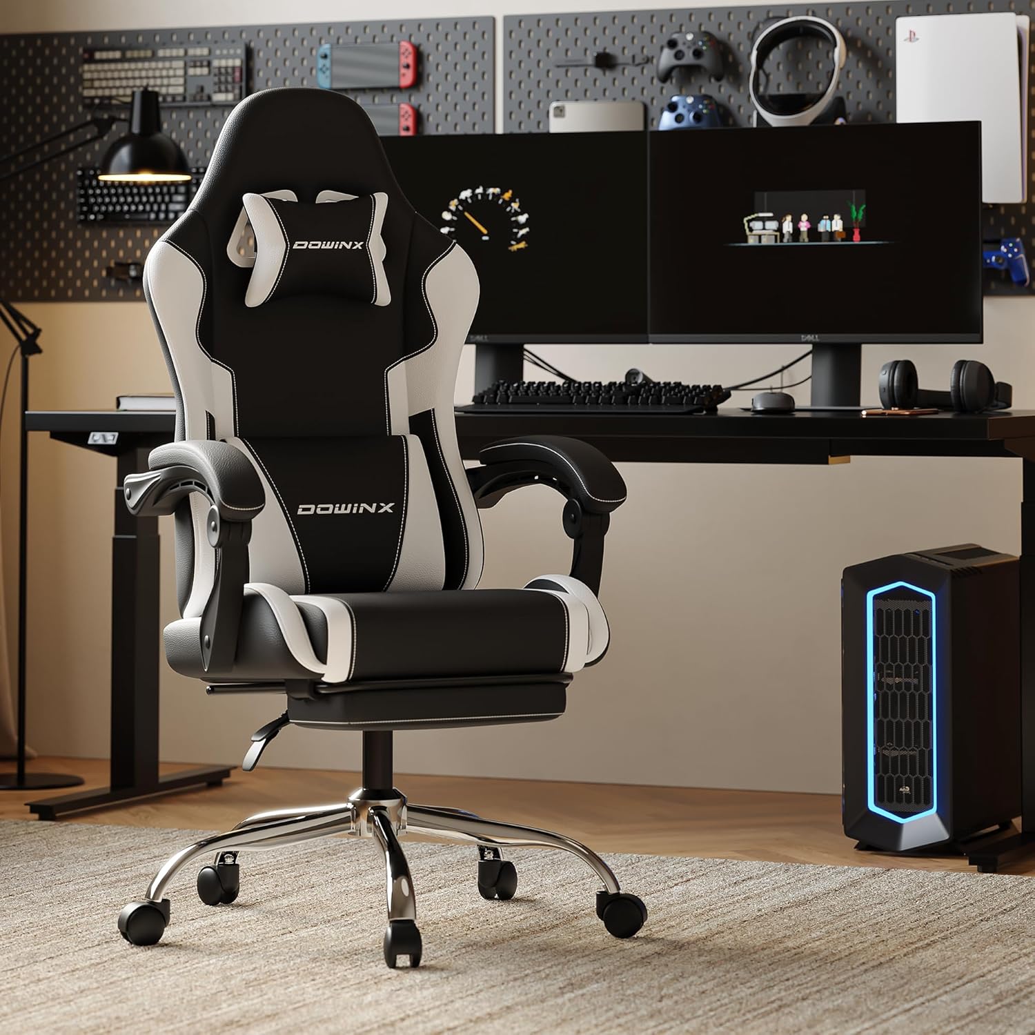 Dowinx Gaming Stuhl mit Fußstütze und Massage Lendenstütze Ergonomic Gaming Chair als Komfortabler Gaming-Sessel mit Kopfstütze, Ideal Für Büro, Home, Streaming und Lange Gaming-Sessions, Weiß