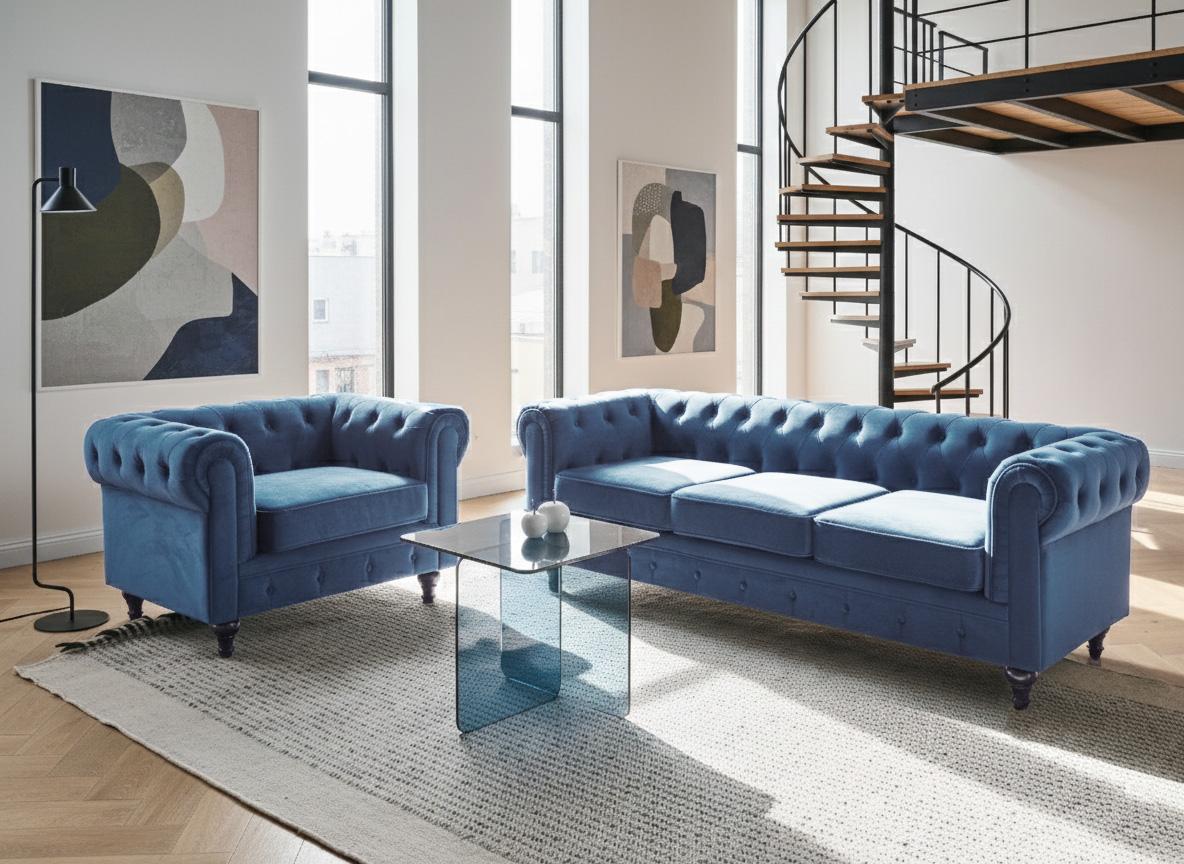 Bank 3-zits CHESTERFIELD Fluweel Marineblauw