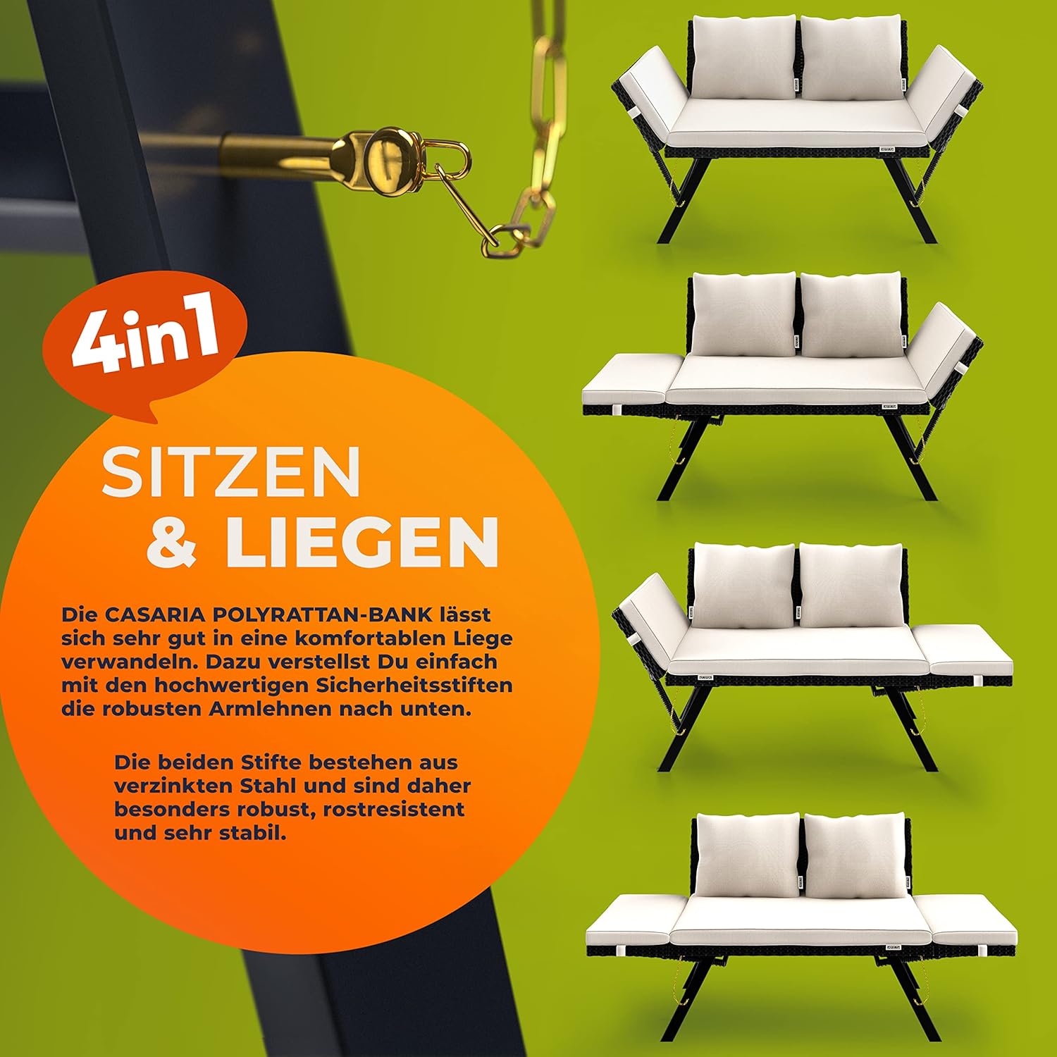 Casaria® Polyrattan Gartenbank mit Liegefunktion Auflage Kissen Verstellbare Armlehnen Wetterfest Draußen Garten Terrasse Balkon Bank Couch Liege Schwarz
