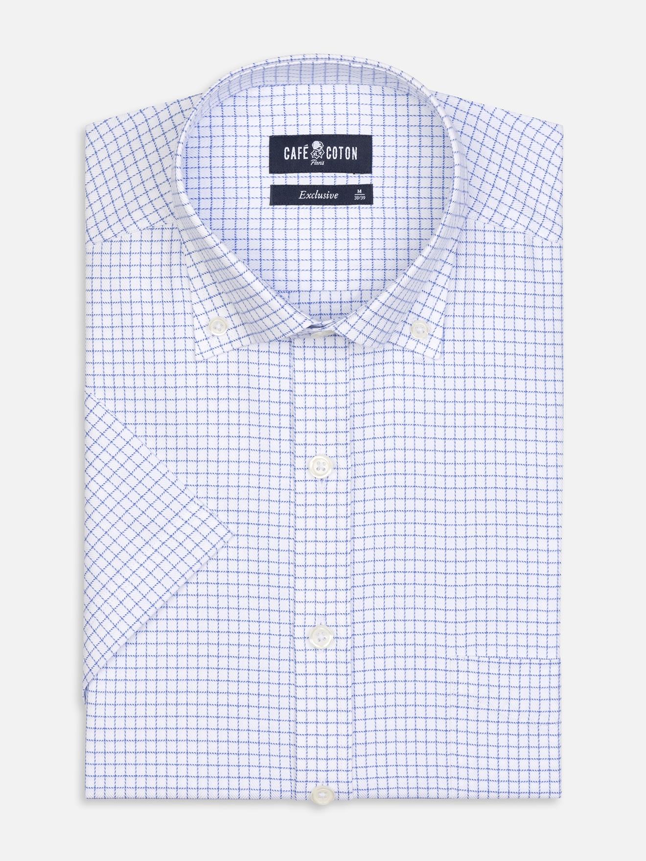 Chemise manches courtes Oleg à carreaux bleus - Col boutonné