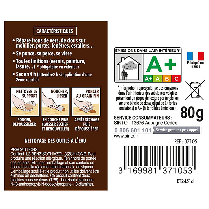 Pâte à bois à l'eau Chêne moyen Sintobois 80g