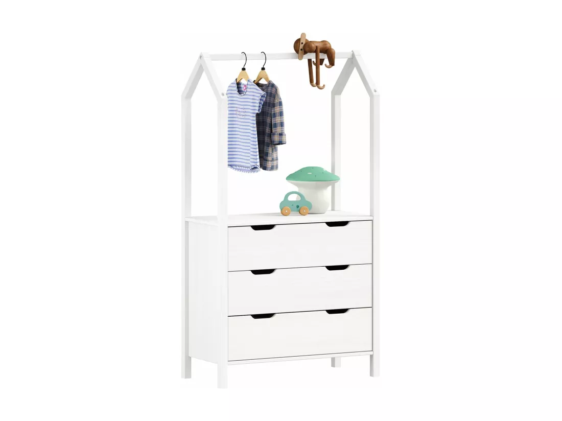 Commode enfant AMIRA H 152 cm en bois massif blanc type Montessori avec 3 tiroirs et 1 tringle meuble de rangement